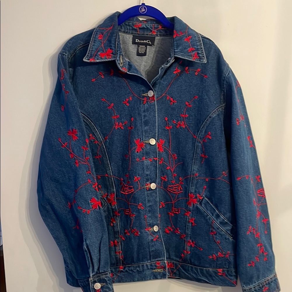 Denim&Co Women's Denim Jacket with Red Embroidery, size Medium